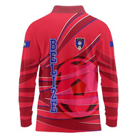 Belize Football Long Sleeve Polo Shirt with Red Abstract Soccer Pattern and Shield Emblem