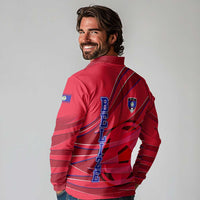 Belize Football Long Sleeve Polo Shirt with Red Abstract Soccer Pattern and Shield Emblem