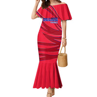 Belize Football Mermaid Dress with Red Abstract Soccer Pattern and Shield Emblem