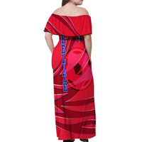 Belize Football Off Shoulder Maxi Dress with Red Abstract Soccer Pattern and Shield Emblem