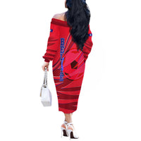 Belize Football Off The Shoulder Long Sleeve Dress with Red Abstract Soccer Pattern and Shield Emblem