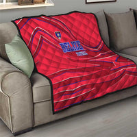 Belize Football Quilt with Red Abstract Soccer Pattern and Shield Emblem