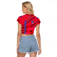 Belize Football Raglan Cropped T Shirt with Red Abstract Soccer Pattern and Shield Emblem