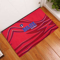 Belize Football Rubber Doormat with Red Abstract Soccer Pattern and Shield Emblem