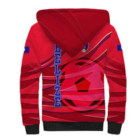 Belize Football Sherpa Hoodie with Red Abstract Soccer Pattern and Shield Emblem