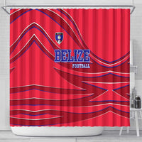 Belize Football Shower Curtain with Red Abstract Soccer Pattern and Shield Emblem