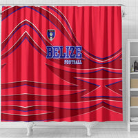Belize Football Shower Curtain with Red Abstract Soccer Pattern and Shield Emblem