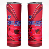 Belize Football Skinny Tumbler with Red Abstract Soccer Pattern and Shield Emblem