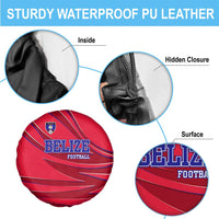 Belize Football Spare Tire Cover with Red Abstract Soccer Pattern and Shield Emblem