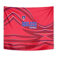 Belize Football Tapestry with Red Abstract Soccer Pattern and Shield Emblem