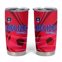 Belize Football Tumbler Cup with Red Abstract Soccer Pattern and Shield Emblem