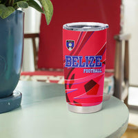 Belize Football Tumbler Cup with Red Abstract Soccer Pattern and Shield Emblem