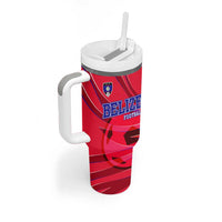 Belize Football Tumbler With Handle with Red Abstract Soccer Pattern and Shield Emblem