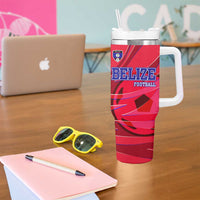 Belize Football Tumbler With Handle with Red Abstract Soccer Pattern and Shield Emblem