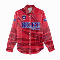 Belize Football Women Casual Shirt with Red Abstract Soccer Pattern and Shield Emblem