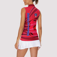 Belize Football Women Sleeveless Polo Shirt with Red Abstract Soccer Pattern and Shield Emblem