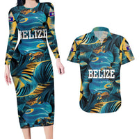 Belize Blue Hole Ocean View Couples Matching Long Sleeve Bodycon Dress and Hawaiian Shirt with Tropical Marine Design and Flag Detail