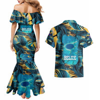 Belize Blue Hole Ocean View Couples Matching Mermaid Dress and Hawaiian Shirt with Tropical Marine Design and Flag Detail