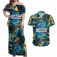 Belize Blue Hole Ocean View Couples Matching Off Shoulder Maxi Dress and Hawaiian Shirt with Tropical Marine Design and Flag Detail