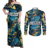 Belize Blue Hole Ocean View Couples Matching Off Shoulder Maxi Dress and Long Sleeve Button Shirt with Tropical Marine Design and Flag Detail