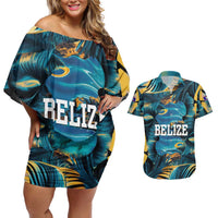 Belize Blue Hole Ocean View Couples Matching Off Shoulder Short Dress and Hawaiian Shirt with Tropical Marine Design and Flag Detail