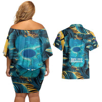 Belize Blue Hole Ocean View Couples Matching Off Shoulder Short Dress and Hawaiian Shirt with Tropical Marine Design and Flag Detail