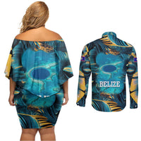 Belize Blue Hole Ocean View Couples Matching Off Shoulder Short Dress and Long Sleeve Button Shirt with Tropical Marine Design and Flag Detail