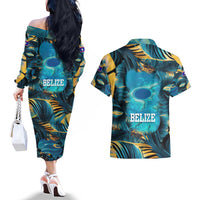 Belize Blue Hole Ocean View Couples Matching Off The Shoulder Long Sleeve Dress and Hawaiian Shirt with Tropical Marine Design and Flag Detail