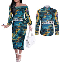 Belize Blue Hole Ocean View Couples Matching Off The Shoulder Long Sleeve Dress and Long Sleeve Button Shirt with Tropical Marine Design and Flag Detail