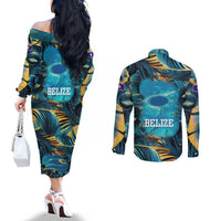 Belize Blue Hole Ocean View Couples Matching Off The Shoulder Long Sleeve Dress and Long Sleeve Button Shirt with Tropical Marine Design and Flag Detail