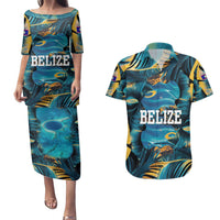 Belize Blue Hole Ocean View Couples Matching Puletasi and Hawaiian Shirt with Tropical Marine Design and Flag Detail