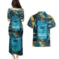 Belize Blue Hole Ocean View Couples Matching Puletasi and Hawaiian Shirt with Tropical Marine Design and Flag Detail