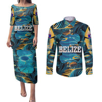 Belize Blue Hole Ocean View Couples Matching Puletasi and Long Sleeve Button Shirt with Tropical Marine Design and Flag Detail