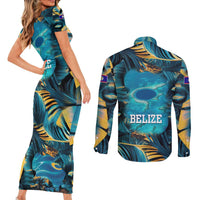 Belize Blue Hole Ocean View Couples Matching Short Sleeve Bodycon Dress and Long Sleeve Button Shirt with Tropical Marine Design and Flag Detail