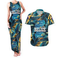 Belize Blue Hole Ocean View Couples Matching Tank Maxi Dress and Hawaiian Shirt with Tropical Marine Design and Flag Detail