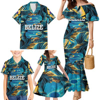 Belize Blue Hole Ocean View Family Matching Mermaid Dress and Hawaiian Shirt with Tropical Marine Design and Flag Detail