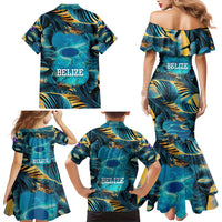 Belize Blue Hole Ocean View Family Matching Mermaid Dress and Hawaiian Shirt with Tropical Marine Design and Flag Detail