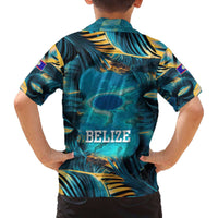 Belize Blue Hole Ocean View Family Matching Off The Shoulder Long Sleeve Dress and Hawaiian Shirt with Tropical Marine Design and Flag Detail