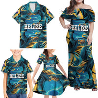 Belize Blue Hole Ocean View Family Matching Off Shoulder Maxi Dress and Hawaiian Shirt with Tropical Marine Design and Flag Detail