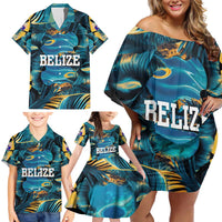 Belize Blue Hole Ocean View Family Matching Off Shoulder Short Dress and Hawaiian Shirt with Tropical Marine Design and Flag Detail