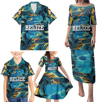 Belize Blue Hole Ocean View Family Matching Puletasi and Hawaiian Shirt with Tropical Marine Design and Flag Detail