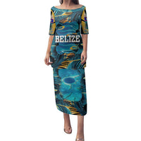 Belize Blue Hole Ocean View Family Matching Puletasi and Hawaiian Shirt with Tropical Marine Design and Flag Detail