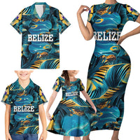 Belize Blue Hole Ocean View Family Matching Short Sleeve Bodycon Dress and Hawaiian Shirt with Tropical Marine Design and Flag Detail