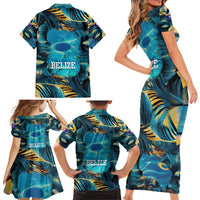Belize Blue Hole Ocean View Family Matching Short Sleeve Bodycon Dress and Hawaiian Shirt with Tropical Marine Design and Flag Detail