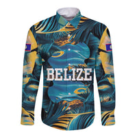Belize Blue Hole Ocean View Long Sleeve Button Shirt with Tropical Marine Design and Flag Detail