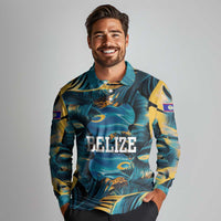 Belize Blue Hole Ocean View Long Sleeve Polo Shirt with Tropical Marine Design and Flag Detail