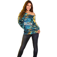 Belize Blue Hole Ocean View Off Shoulder Sweater with Tropical Marine Design and Flag Detail