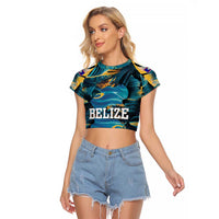 Belize Blue Hole Ocean View Raglan Cropped T Shirt with Tropical Marine Design and Flag Detail