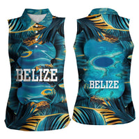 Belize Blue Hole Ocean View Women Sleeveless Polo Shirt with Tropical Marine Design and Flag Detail