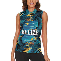 Belize Blue Hole Ocean View Women Sleeveless Polo Shirt with Tropical Marine Design and Flag Detail